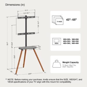 ECOTINY Tripod Easel TV Stand for 40 to 65 Inch LCD LED OLED Screen, Height Adjustable and Swievel TV Stand, Portable Corner TV Floor Stand with Wooden Tray, VESA 400x400mm, Minimalist Black Walnut