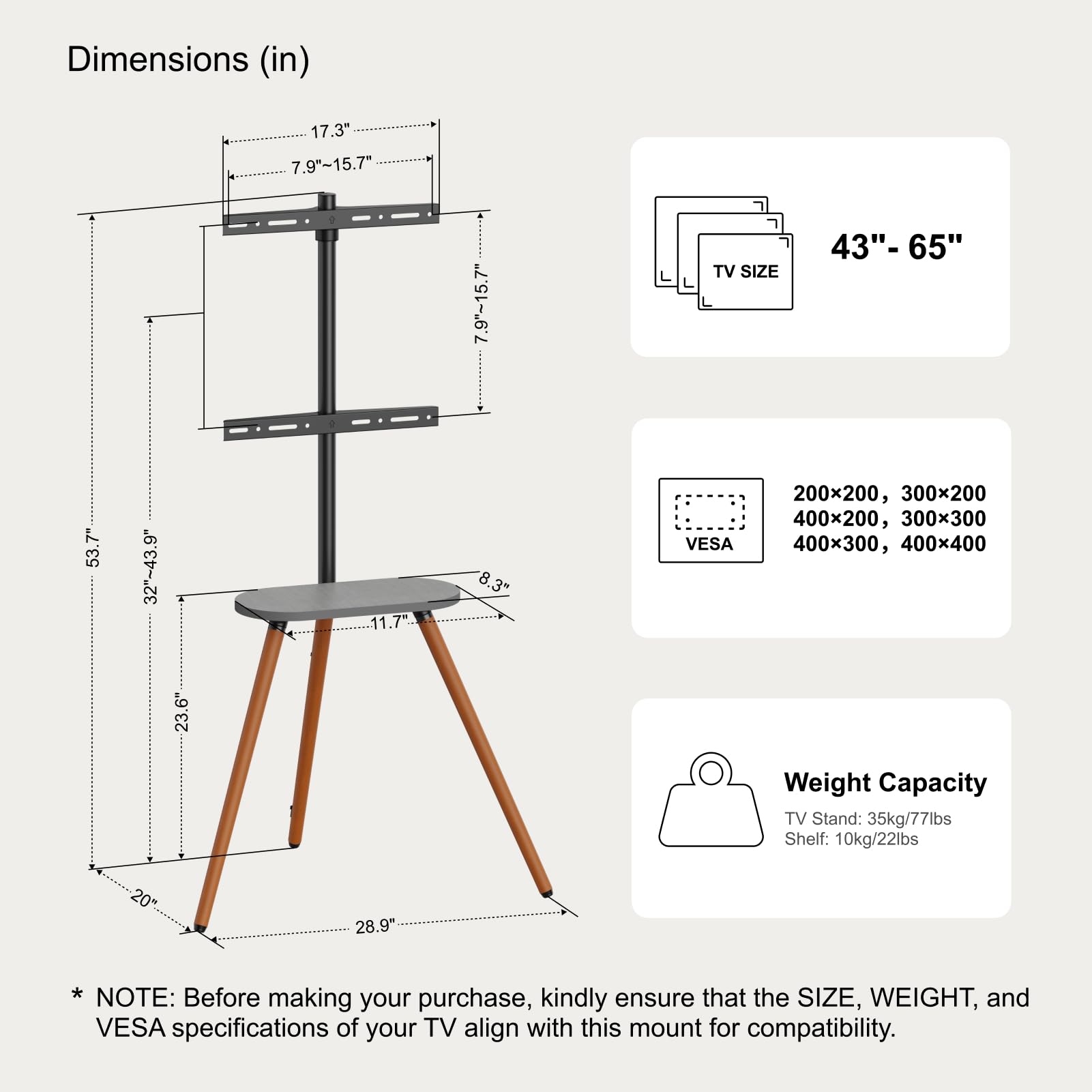 ECOTINY Tripod Easel TV Stand for 40 to 65 Inch LCD LED OLED Screen, Height Adjustable and Swievel TV Stand, Portable Corner TV Floor Stand with Wooden Tray, VESA 400x400mm, Minimalist Black Walnut