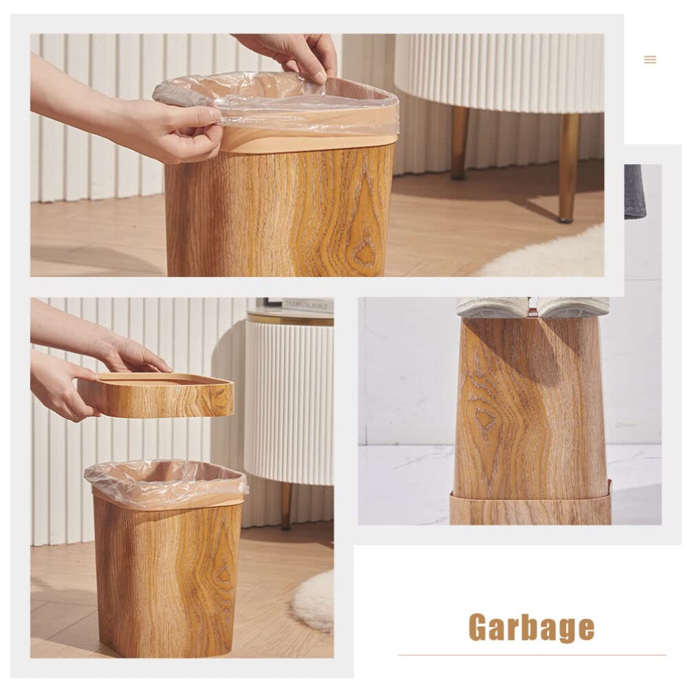 Ciieeo Imitation Wood Grain Trash Can Retro Square Wastebasket Decorative Storage Bins Small Plastic Trash Can Bathroom Garbage Can Flower Holder Bucket for Home Kitchen 12L