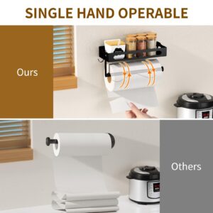 GAGUIUP Paper Towel Holder Wall Mount for Kitchen, Easy One-handed Operation Design, Self Adhesive Paper Towel Holder with Shelf for Bathroom, RV Paper Towel Rack Paper Roll Holder with 2 Hooks, Black