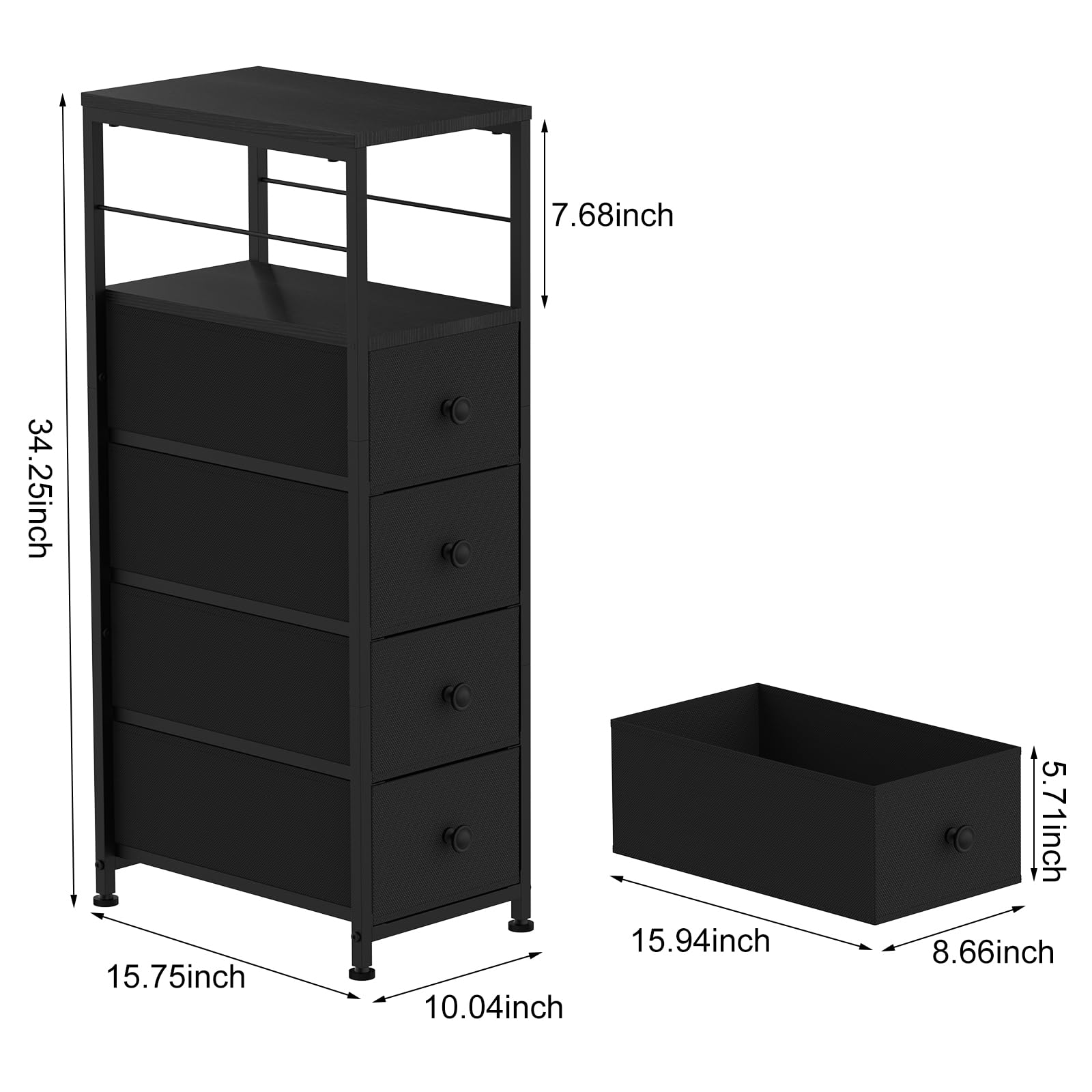 YBING Narrow Dresser for Bedroom, Slim Chest Organizer Nightstand, 4 Fabric Drawers with Wood Shelf, Side Tables for Small Spaces, Black