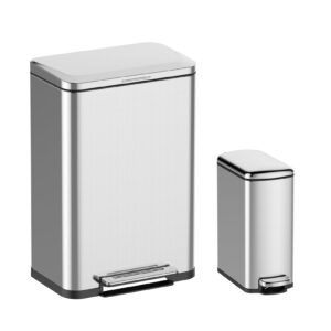 welyfe trash can set 13.2 gallon and 2.1 gallon, rectangular kitchen waste bins with soft-close lid, step-on pedal, stainless steel, 50 liter and 8 liter