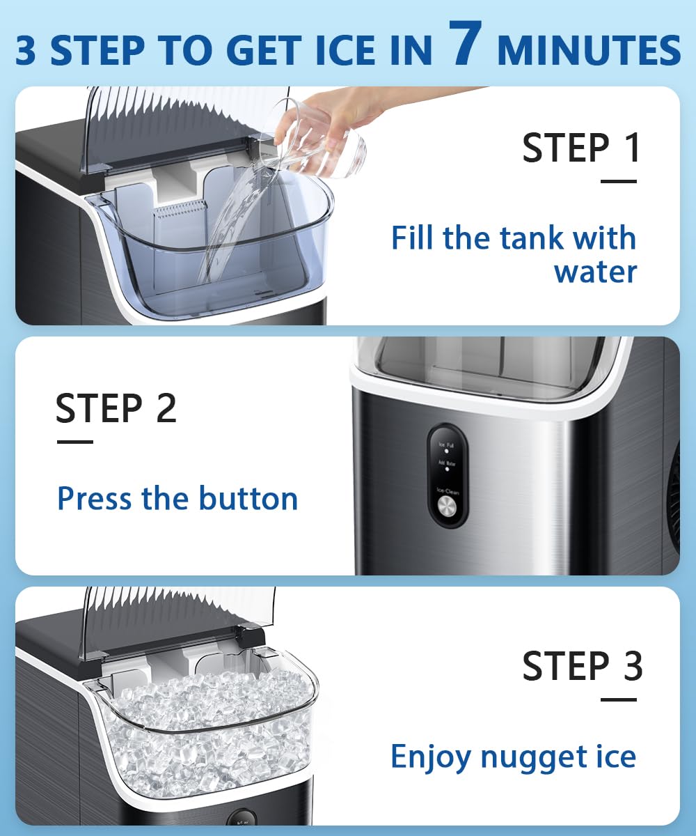 Joy Pebble Stainless Steel Ice Maker Countertop, 10,000pcs/33lbs/Day, Portable Nugget Ice Maker Machine with Handle, Self-Cleaning, Black