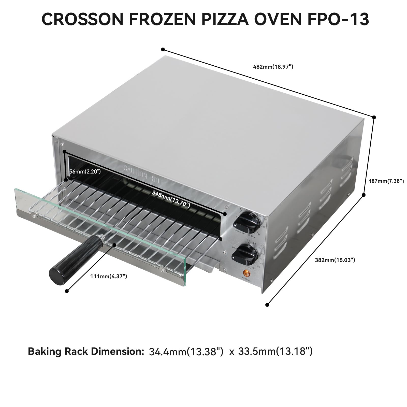 CROSSON Countertop Electric Frozen Pizza Oven For Indoors with 30-minitue Timer,Glass Door and Interior Light,Commercial Pizza Maker for Restaurant and Home Use,120V/1550W (13 Inch)