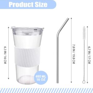 2 pcs Iced Coffee Cups with Lids, 16 oz Glass Cups with Lids and Straws, Reusable Tumbler with Silicone Sleeve, Wide Mouth Can Shaped Drinking Glasses for Coffee Juice Water Smoothie (White)