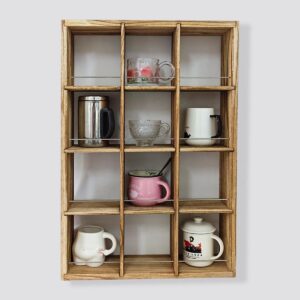 yiyueshijiu wall mounted coffee mug display rack, 17x25 large wooden display shelves cup holder shadow box shelf rustic mug rack shot glasses display case with 12 compartment (carbon)