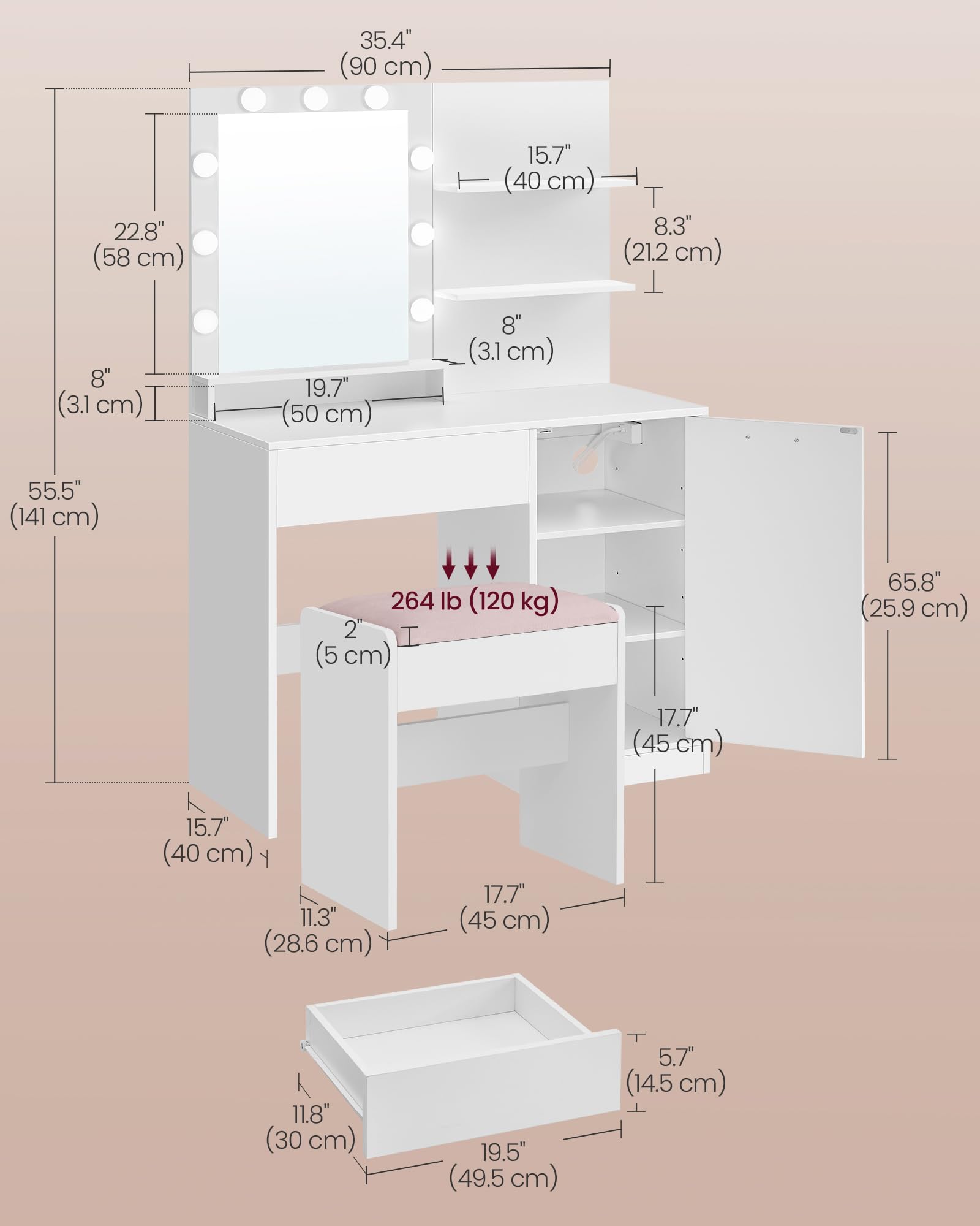 VASAGLE Vanity Desk with Mirror and Lights, 35.4-Inch Wide Makeup Vanity with Upholstered Vanity Stool, Power Outlets, Dimmable LED Lights, Storage Drawer, for Bedroom, Cloud White URDT128W01