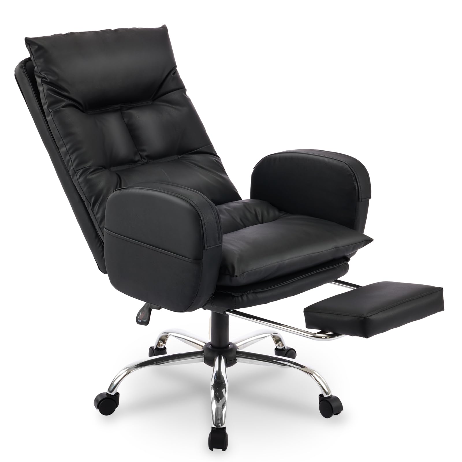 Belandi Home Office Chair with Footrest, High-Back PU Leather Computer Desk Chair, Executive Rolling Swivel Chairs with Leg Rest and Double Thick Cushion, Black Office Chair (Black)