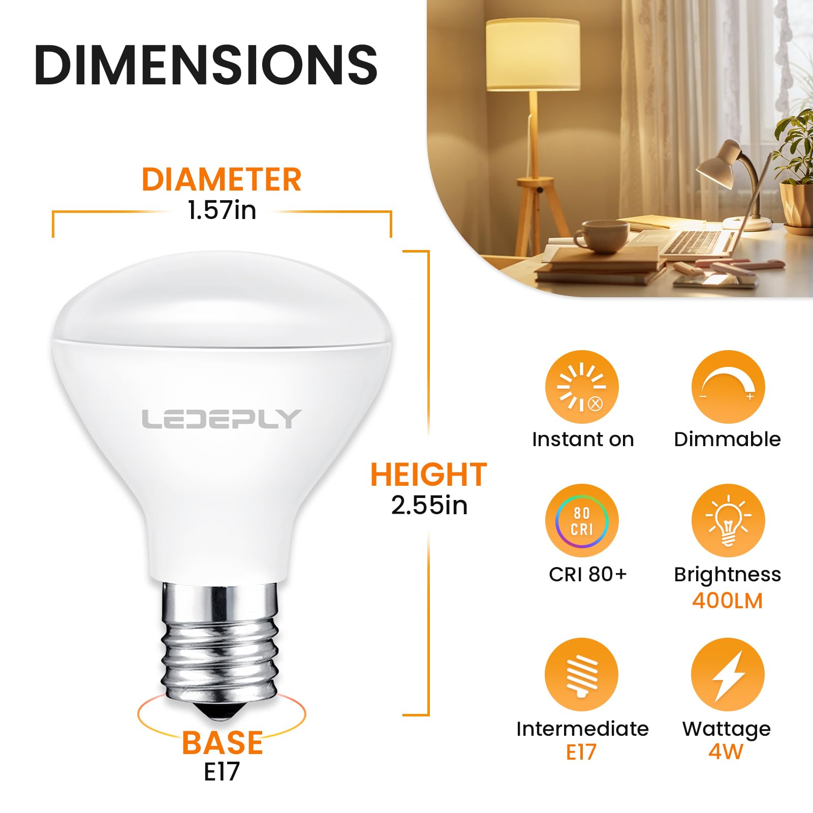 LEDEPLY R14 LED Bulb, 4W=40W, Dimmable, E17 Base, Mini LED Reflector Floodlight Bulb, 400 Lumens, 2700K Warm White, 4 Pack