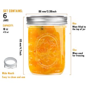 Miuyhji Wide Mouth Mason Jars 16 oz with Lids [6 Pack], Canning Jars with Metal Airtight Lids and Bands, 16 oz Glass Jars for Fermenting, Pickling, Freezing, Preserving, Meal Prep, Jar Décor