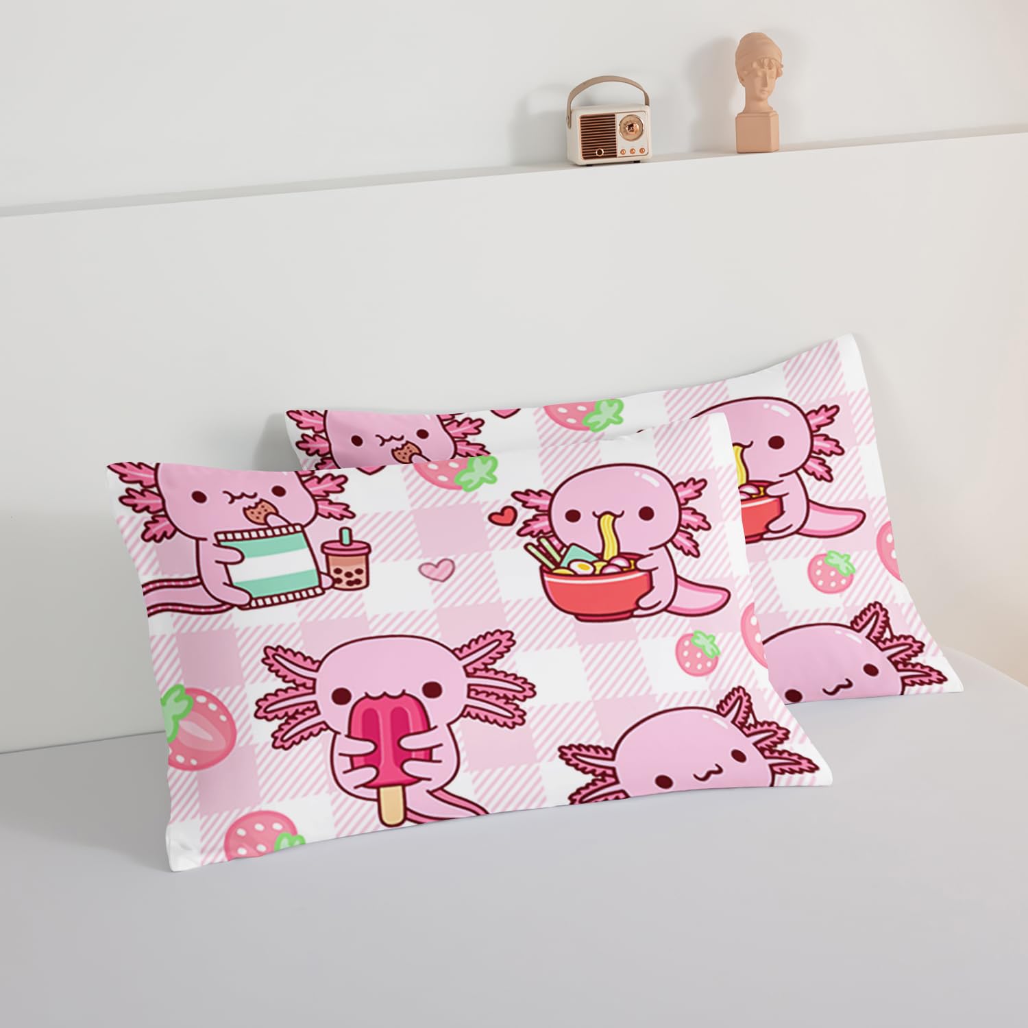 HOSIMA Axolotl Comforter Set Twin Size for Kids Girls,Pink Cartoon Axolotl Eat Dessert Printing Bedding Set Twin Size for Princess Bedroom Decor with Two Pillowcases.