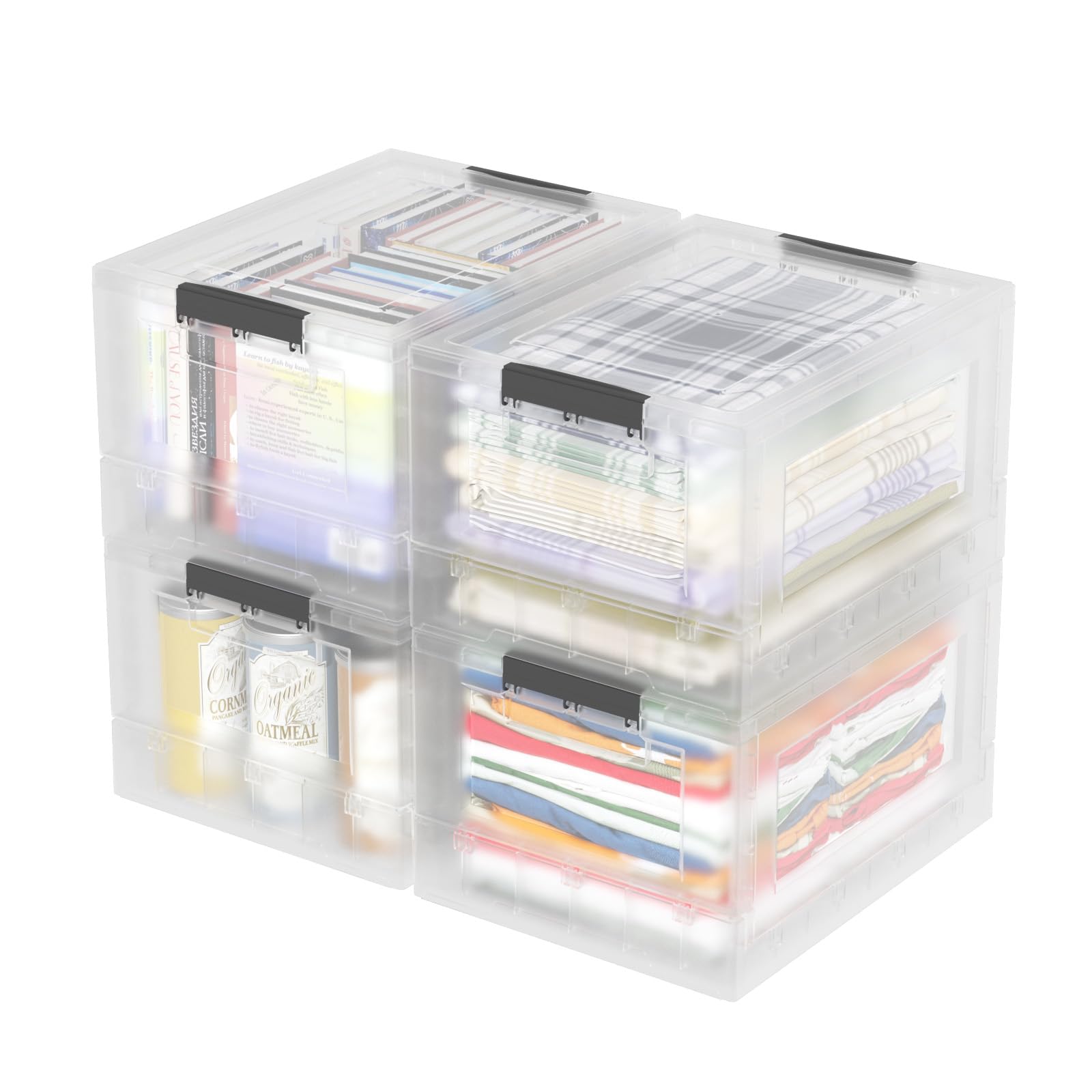 Rinboat 32 Quart Plastic Collapsible Storage Crates Boxes with Lids, Clear Plastic Storage Bins, 4 Packs