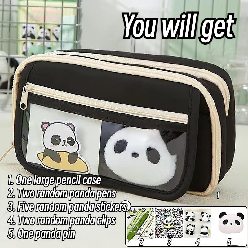 Ecqizer 10Pcs Cute Panda Pencil Case Large Capacity for Adults Aesthetic Pencil Case Kawaii Pencil Pouch Cute With Zipper Preppy Pen Bag With Gel Ink Pens, Clips, Stickers, Pin (Black)