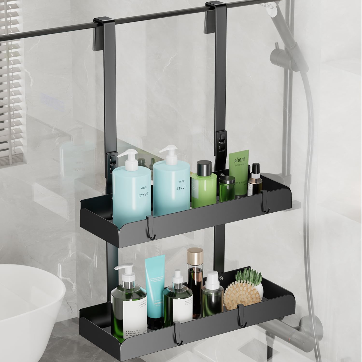 pickpiff Hanging Shower Caddy Shower Rack Over the Doors for Bathroom Shower Organizer Hanging No-Drilling Shower Shelf With 4 Hooks Black 21.8'' x 12.4''