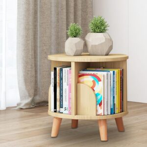 trueyessence 360° rotating wood bookshelf, freestanding bookcase with 4 compartments multi-functional storage shelf with legs mini side table 1 tier display rack for living room study office