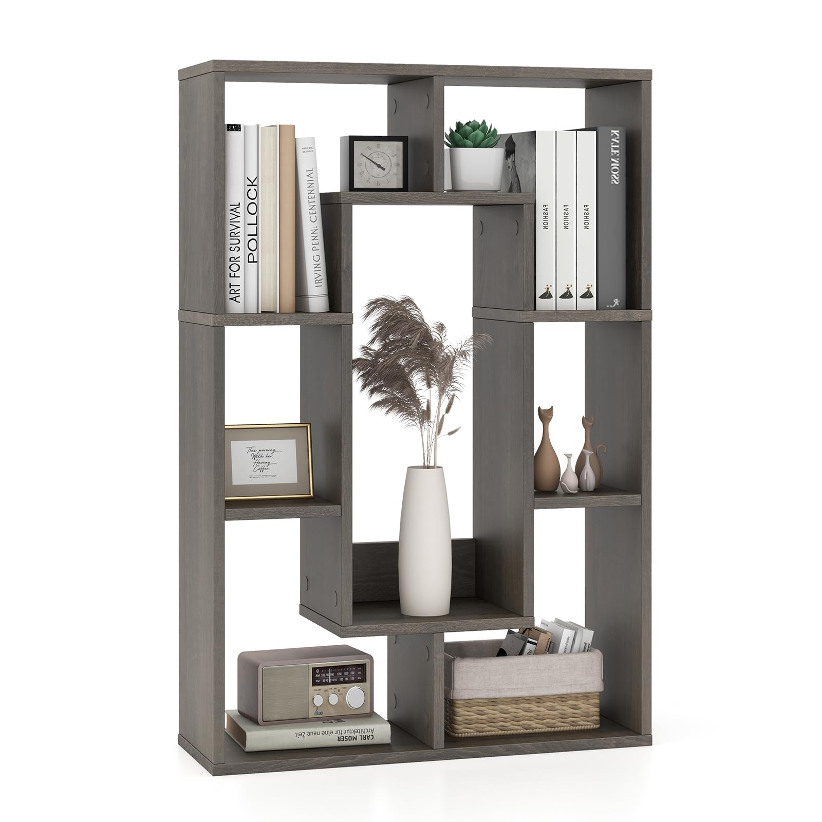 Giantex 7-Cube Book Shelf, Freestanding Wooden Bookcase w/Anti-Tipping Kits, Geometric Open Cube Storage Organizer w/Display Rack, Modern Rectangular Bookshelf for Living Room, Kids Room, Gray