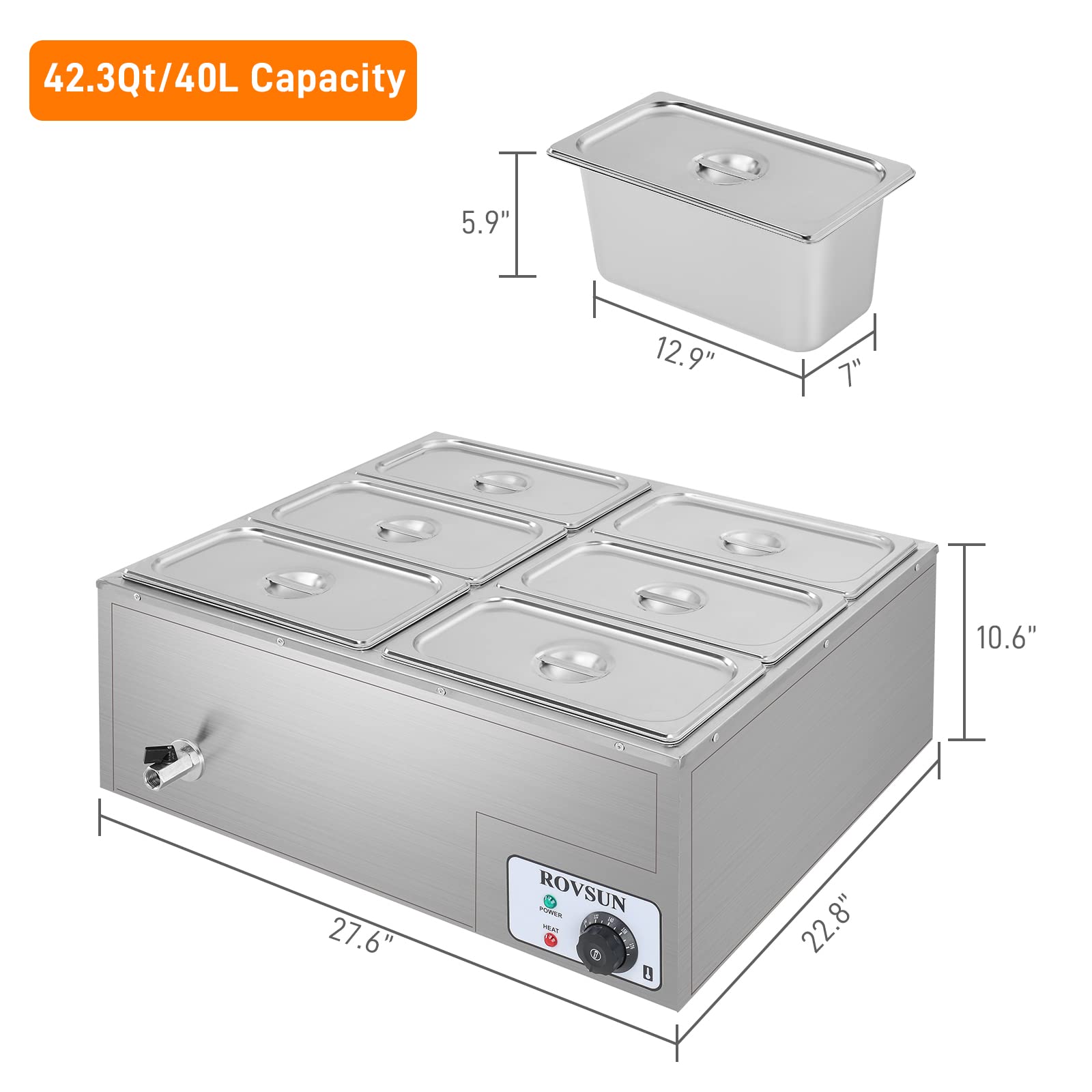 LEADZM 6-Pan(6.9QT*6) Commercial Food Warmer, 110V Electric Desktop Steam Table with Temperature Control and Stainless Steel Body, Bain Marie Buffet for Party Restaurant and Catering