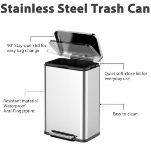 WELYFE Trash Can Set 13.2 Gallon and 2.1 Gallon, Rectangular Kitchen Waste Bins with Soft-Close Lid, Step-on Pedal, Stainless Steel, 50 Liter and 8 Liter