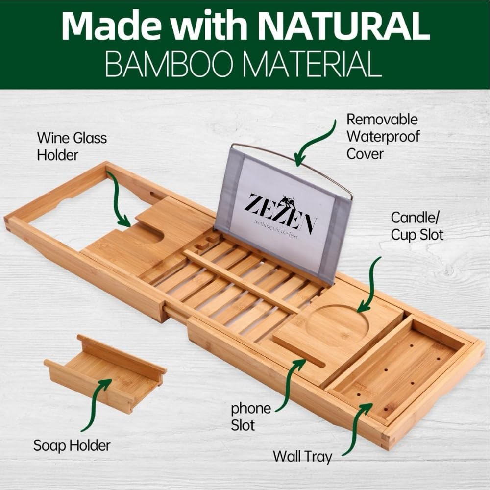 ZEZEN Bamboo Bath Caddy Tray | 100% Natural Bamboo Wooden Bathtub Tray with Book & Tablet Stand | Luxury Wine Glass Candle Holder | Natural Wood | Extendable Organiser for Bathroom Jacuzzi