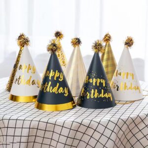 JOYEONDEF 30 Pcs Gold Birthday Party Hats Gold Cone Hats Includes 8 Birthday Paper Hats and 22 Gold Noise Makers (Black and gold suit)