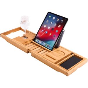 ZEZEN Bamboo Bath Caddy Tray | 100% Natural Bamboo Wooden Bathtub Tray with Book & Tablet Stand | Luxury Wine Glass Candle Holder | Natural Wood | Extendable Organiser for Bathroom Jacuzzi