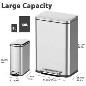 WELYFE Trash Can Set 13.2 Gallon and 2.1 Gallon, Rectangular Kitchen Waste Bins with Soft-Close Lid, Step-on Pedal, Stainless Steel, 50 Liter and 8 Liter