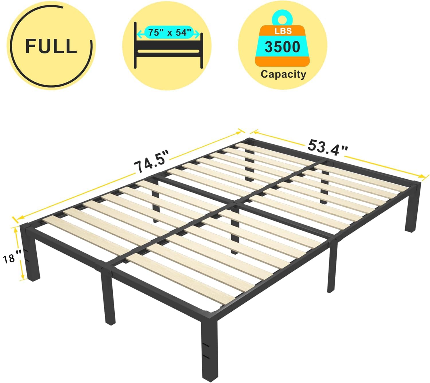 ROIL 18 inch Full Size Bed Frames with Wood Slats - 3500lbs Heavy Duty No Box Spring Needed Platform, Mattress Stoppers Double Metal Noise Free Bedframe with Headboard Hole