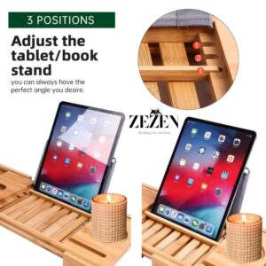 ZEZEN Bamboo Bath Caddy Tray | 100% Natural Bamboo Wooden Bathtub Tray with Book & Tablet Stand | Luxury Wine Glass Candle Holder | Natural Wood | Extendable Organiser for Bathroom Jacuzzi