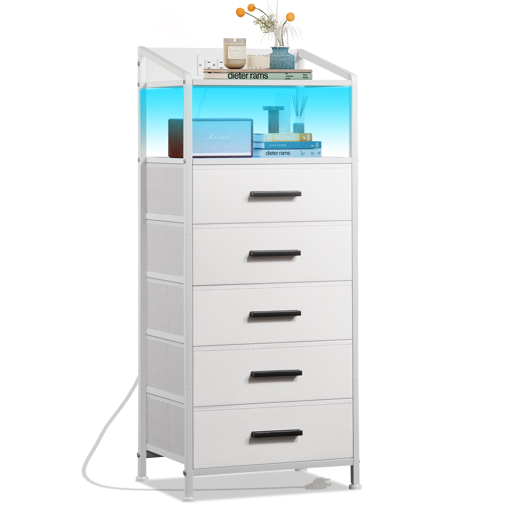 EKNKOZY Nightstand 5 Drawer Dresser with LED Lights and Charging Station, Vertical Side Table with Fabric Drawers, End Table with Open Shelf, Tall Dresser for Bedroom, Hallway, Entryway, White