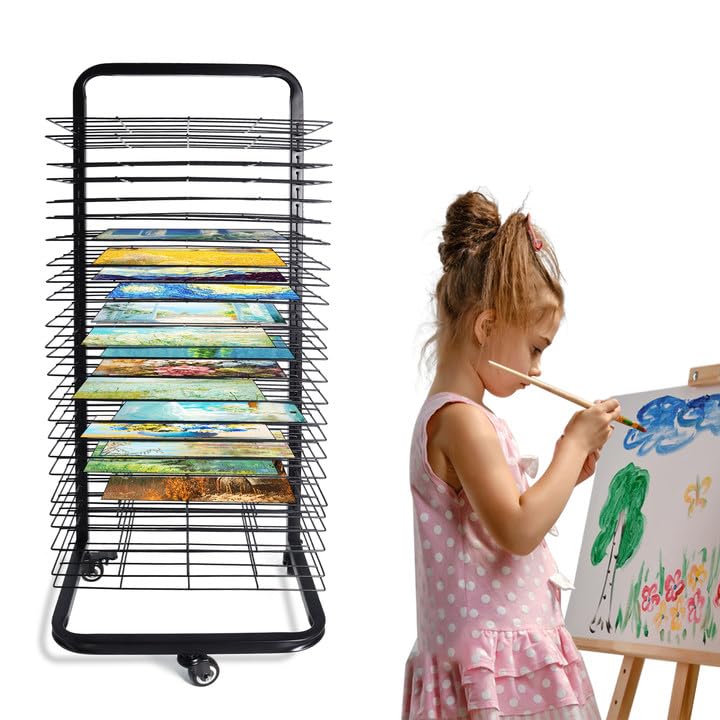 Hoqqf Art Drying Rack for Classroom and Art Studios, 25 Removable Shelves 11.8" D x 16.9" W x 30.7" H Portable Painting Drying Rack with Wheels Stackable Rack for Painting Wall Mount Art Rack