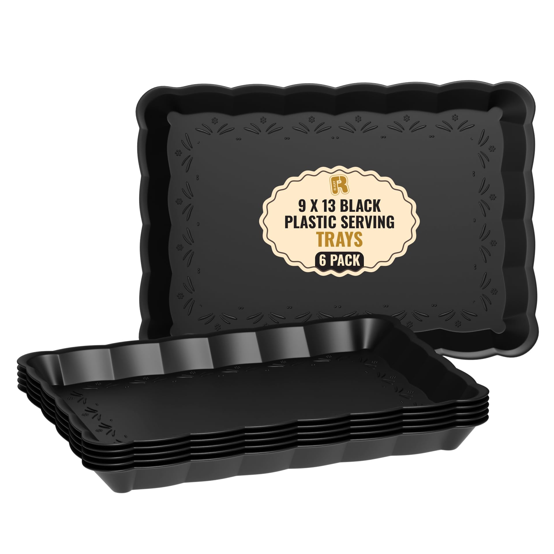 6 Pack Black Plastic Serving Trays - 9 x 13 Party Serving Trays and Platters - Black Serving Tray - Black Serving Platter Tray for Party