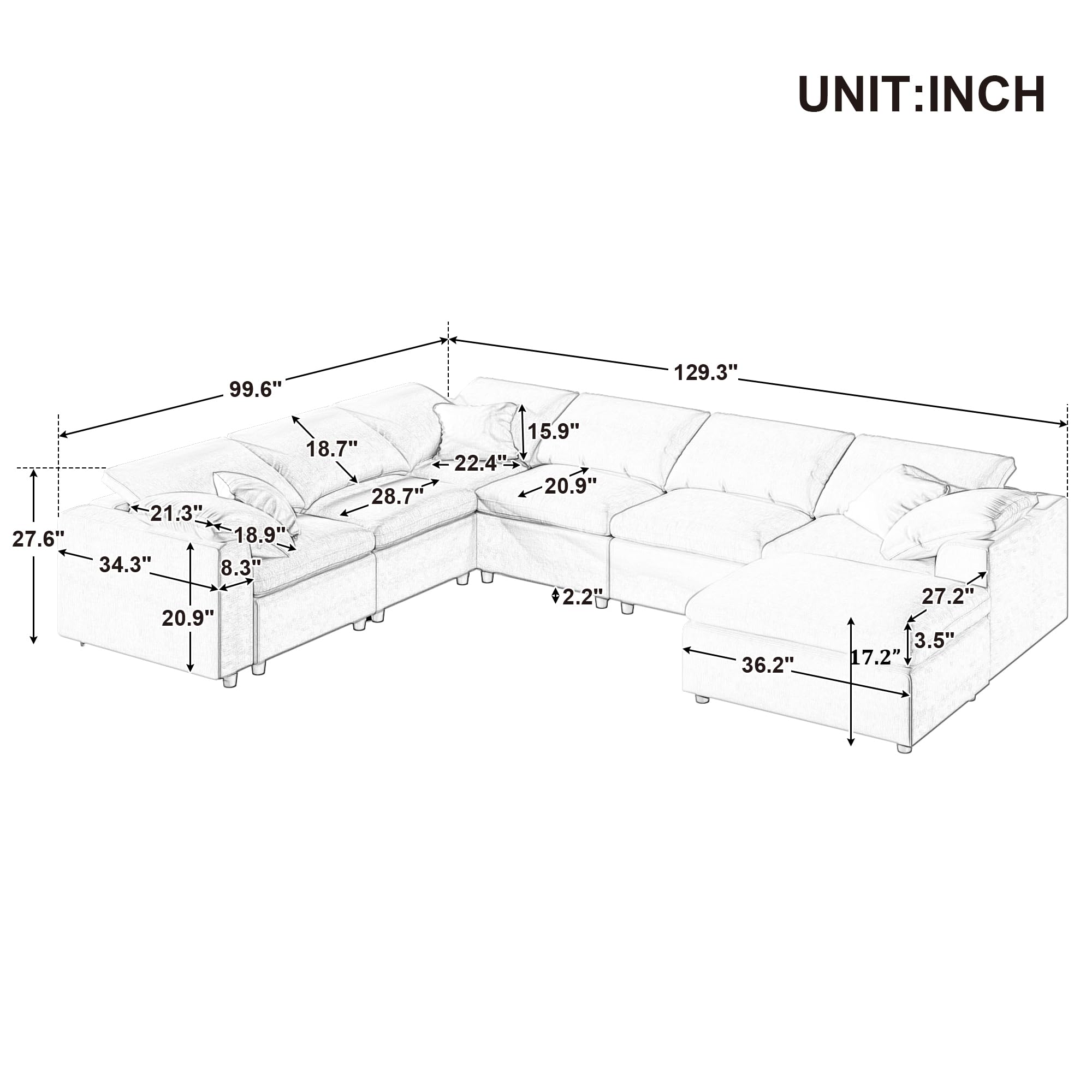 Tmsan 129.3" Oversized Modular Sectional Sofa, U Shaped Couch with Movable Ottoman, Large 7 Seat Corner Couches for Living Room, Spacious Space, Beige