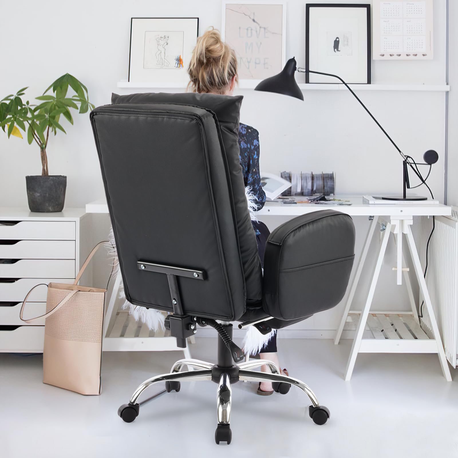 Belandi Home Office Chair with Footrest, High-Back PU Leather Computer Desk Chair, Executive Rolling Swivel Chairs with Leg Rest and Double Thick Cushion, Black Office Chair (Black)