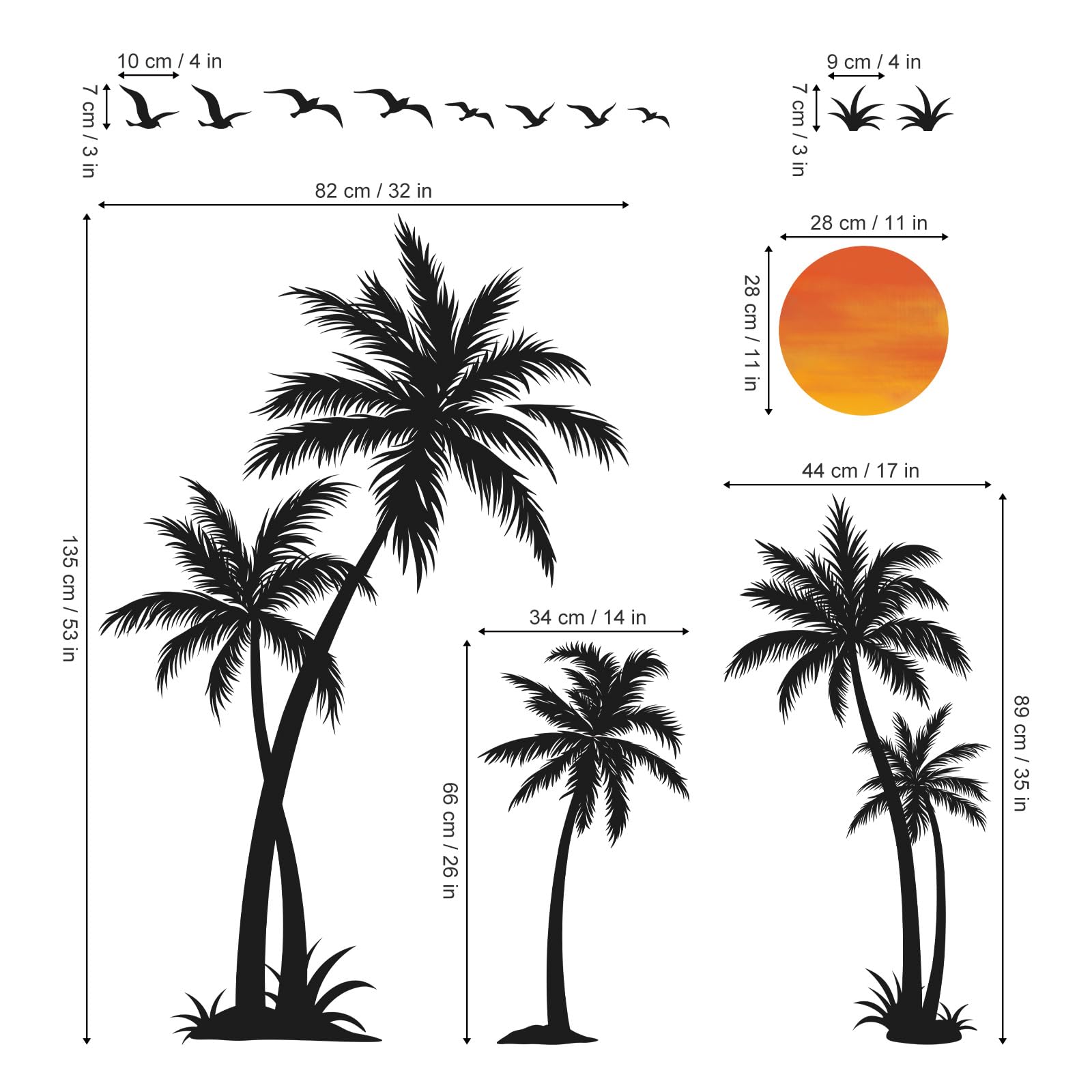 wondever Large Black Palm Tree Wall Stickers Tropical Tree Plants Birds Peel and Stick Wall Art Decals for Living Room Bedroom TV Background (H: 53 inch)