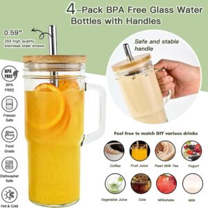 GAGAMOTEYA Clear Glass Tumbler with Straws and Lids,4 Pack 24oz Drinking Mason Jar Cups with Handle,Bamboo Lids and Stainless Steel Glass Straw,Silicone Cup Cover,for Iced Coffee,Smoothies,Beer,Juice