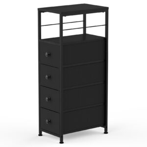 YBING Narrow Dresser for Bedroom, Slim Chest Organizer Nightstand, 4 Fabric Drawers with Wood Shelf, Side Tables for Small Spaces, Black