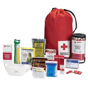 american red cross officially licensed product | deluxe personal safety emergency pack with bag | trauma supplies | medical backpack | bandages, wipes, gloves, whistle, more