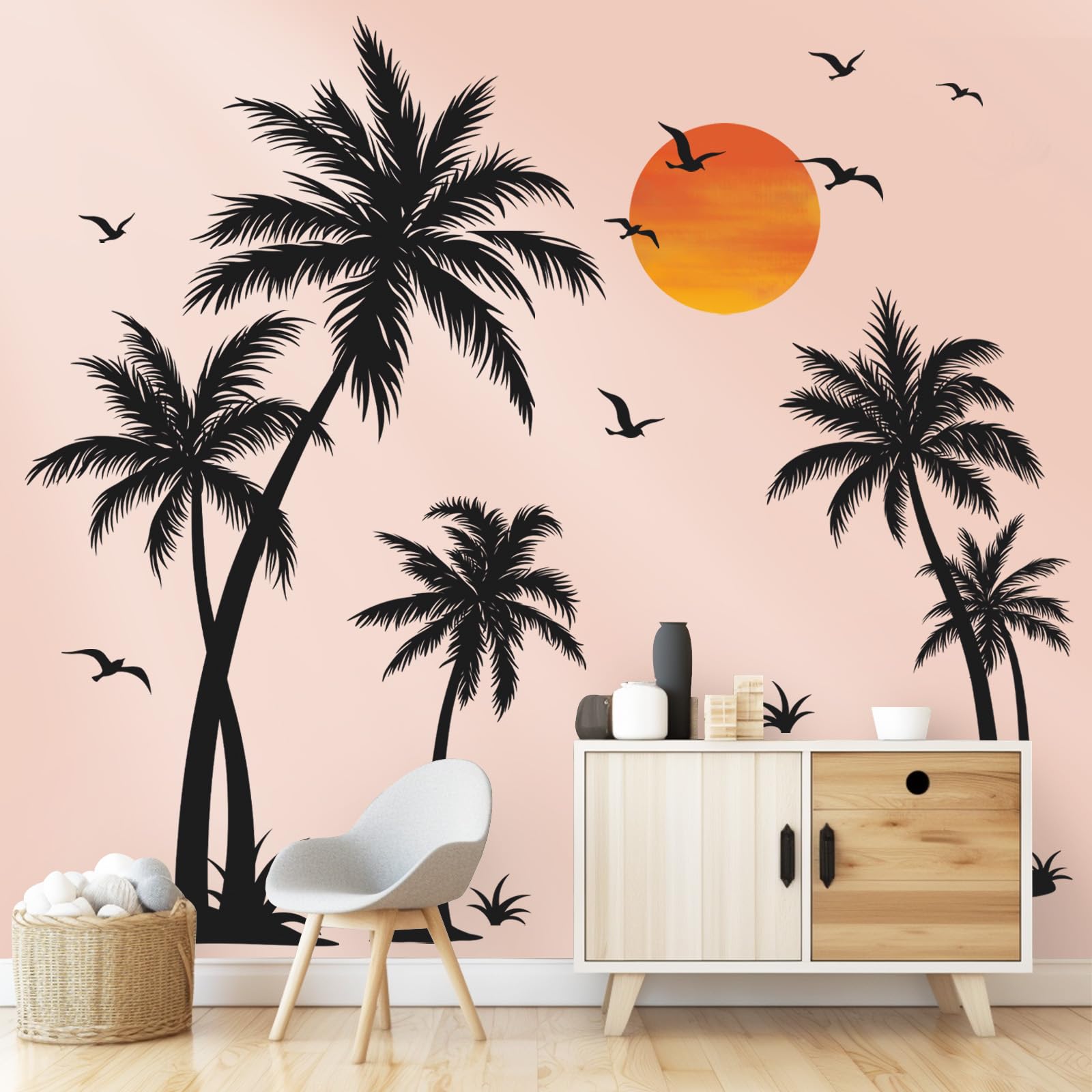 wondever Large Black Palm Tree Wall Stickers Tropical Tree Plants Birds Peel and Stick Wall Art Decals for Living Room Bedroom TV Background (H: 53 inch)