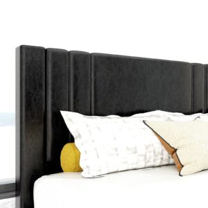 Queen Size Bed Frame, Faux Leather Upholstered Platform with Headboard (Black, Queen (U.S. Standard))