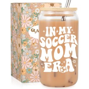 fairy's gift soccer mom iced coffee cup, soccer mom gifts, 16 oz coffee glass cups with lids straws, soccer mom essentials - soccer mom era - christmas, birthday gifts for soccer mom, football mom