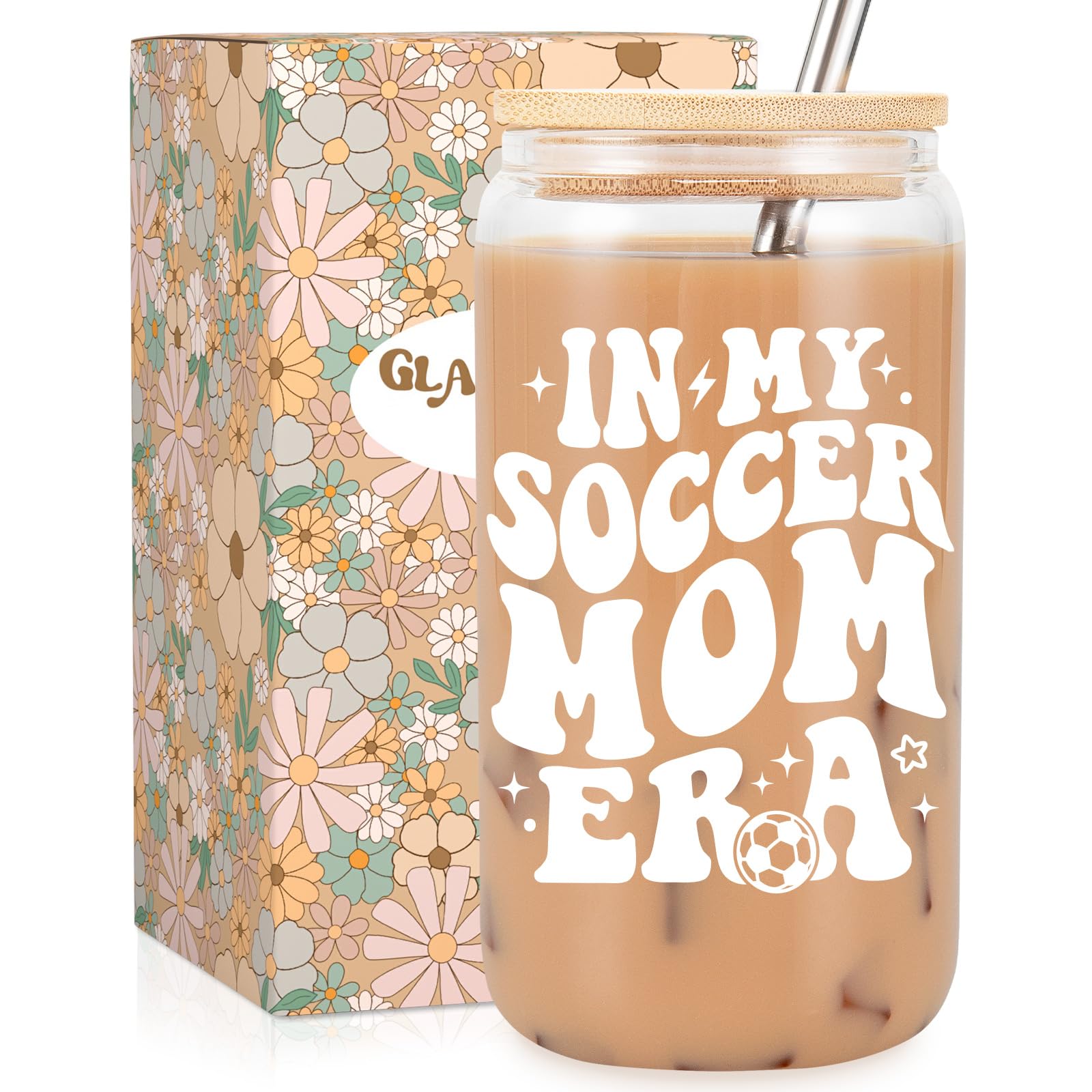 Fairy's Gift Soccer Mom Iced Coffee Cup, Soccer Mom Gifts, 16 oz Coffee Glass Cups with Lids Straws, Soccer Mom Essentials - Soccer Mom Era - Christmas, Birthday Gifts for Soccer Mom, Football Mom