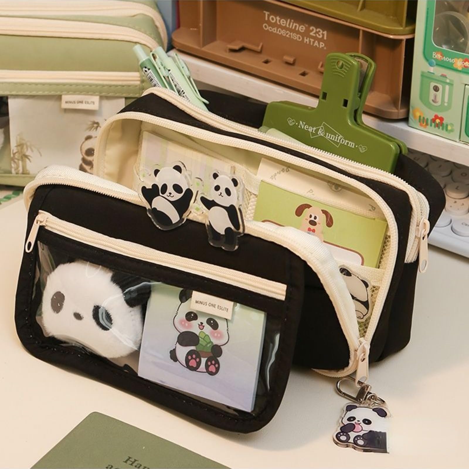 Ecqizer 10Pcs Cute Panda Pencil Case Large Capacity for Adults Aesthetic Pencil Case Kawaii Pencil Pouch Cute With Zipper Preppy Pen Bag With Gel Ink Pens, Clips, Stickers, Pin (Black)