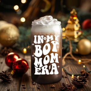 Fairy's Gift Boy Mom Iced Coffee Cup, Cute Boy Mom Gifts, 16 oz Coffee Glass Cups with Lids Straws - in My Boy Mom Era - Boy Mom Christmas, Boy Mama Birthday Gifts - Gifts for New Mom, Expecting Mom