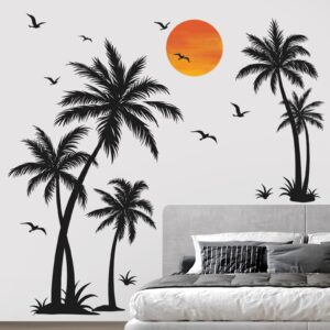 wondever Large Black Palm Tree Wall Stickers Tropical Tree Plants Birds Peel and Stick Wall Art Decals for Living Room Bedroom TV Background (H: 53 inch)