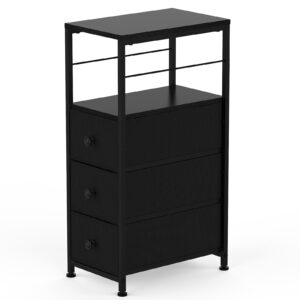 YBING Narrow Dresser, Side Table with 3 Fabric Drawers, Slim Dresser with Open Shelves, Slim Bedside Table for Bedroom, Small Spaces, Black