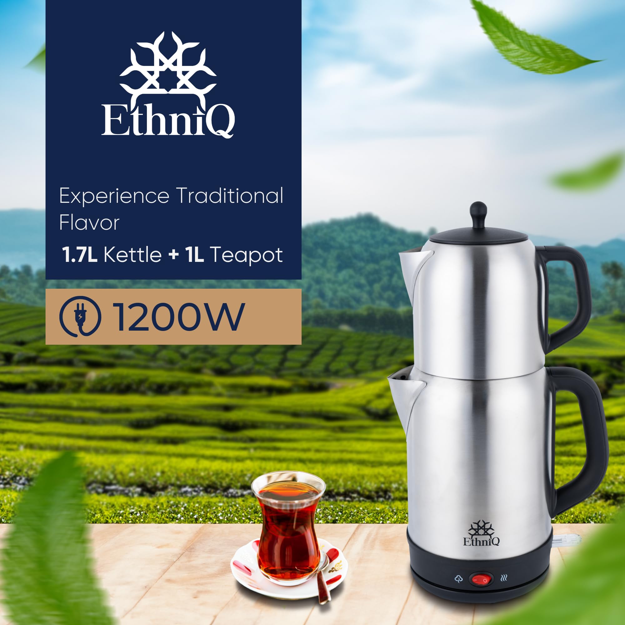 Ethniq TeaVibe Electric Turkish Tea Maker - Stainless Steel 120V Double Pot Kettle & Infuser, Boil-Dry Protection, Auto Shut-Off & Keep Warm Function, 1.7L Kettle + 1L Teapot Capacity