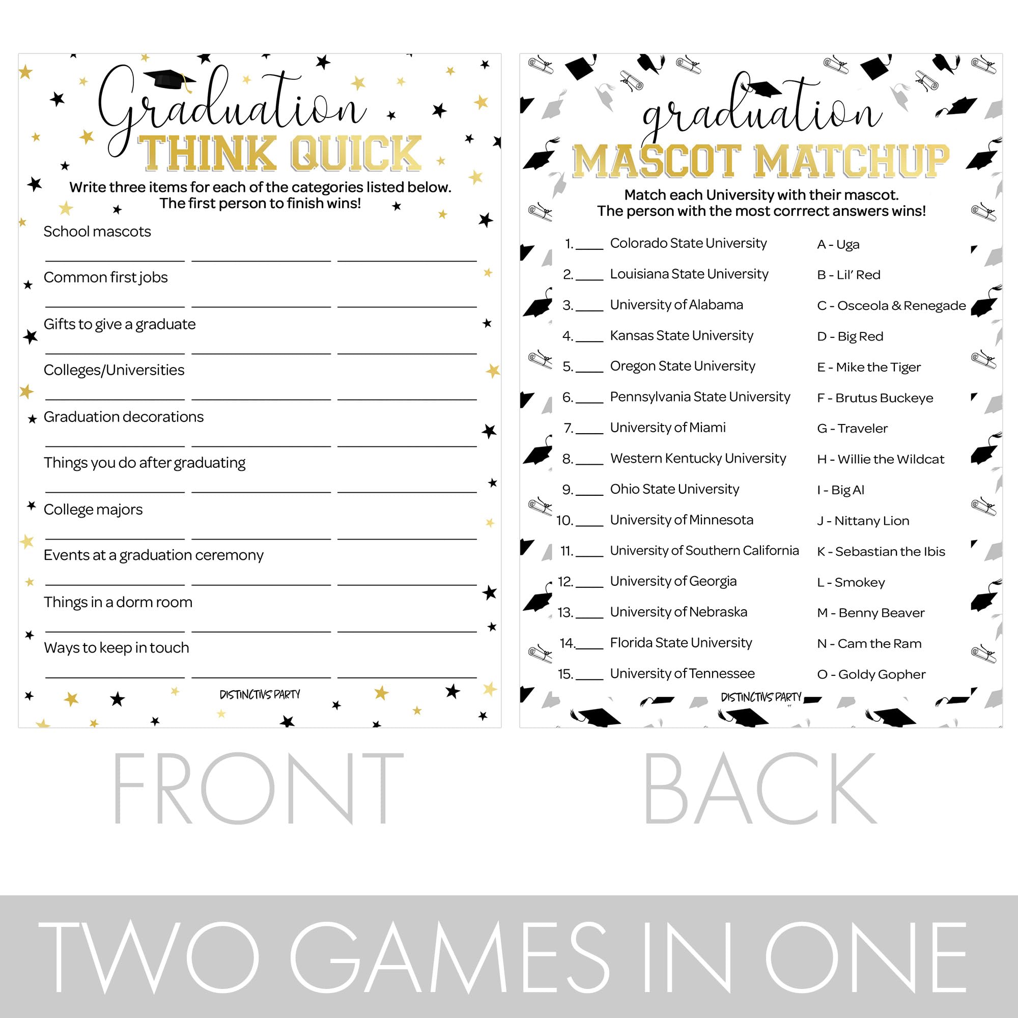 DISTINCTIVS Graduation Party Game Bundle: Mascot Match-Up & Think Quick - Class of 2025, 25 Count Grad Party Supplies