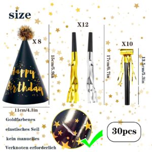 JOYEONDEF 30 Pcs Gold Birthday Party Hats Gold Cone Hats Includes 8 Birthday Paper Hats and 22 Gold Noise Makers (Black and gold suit)