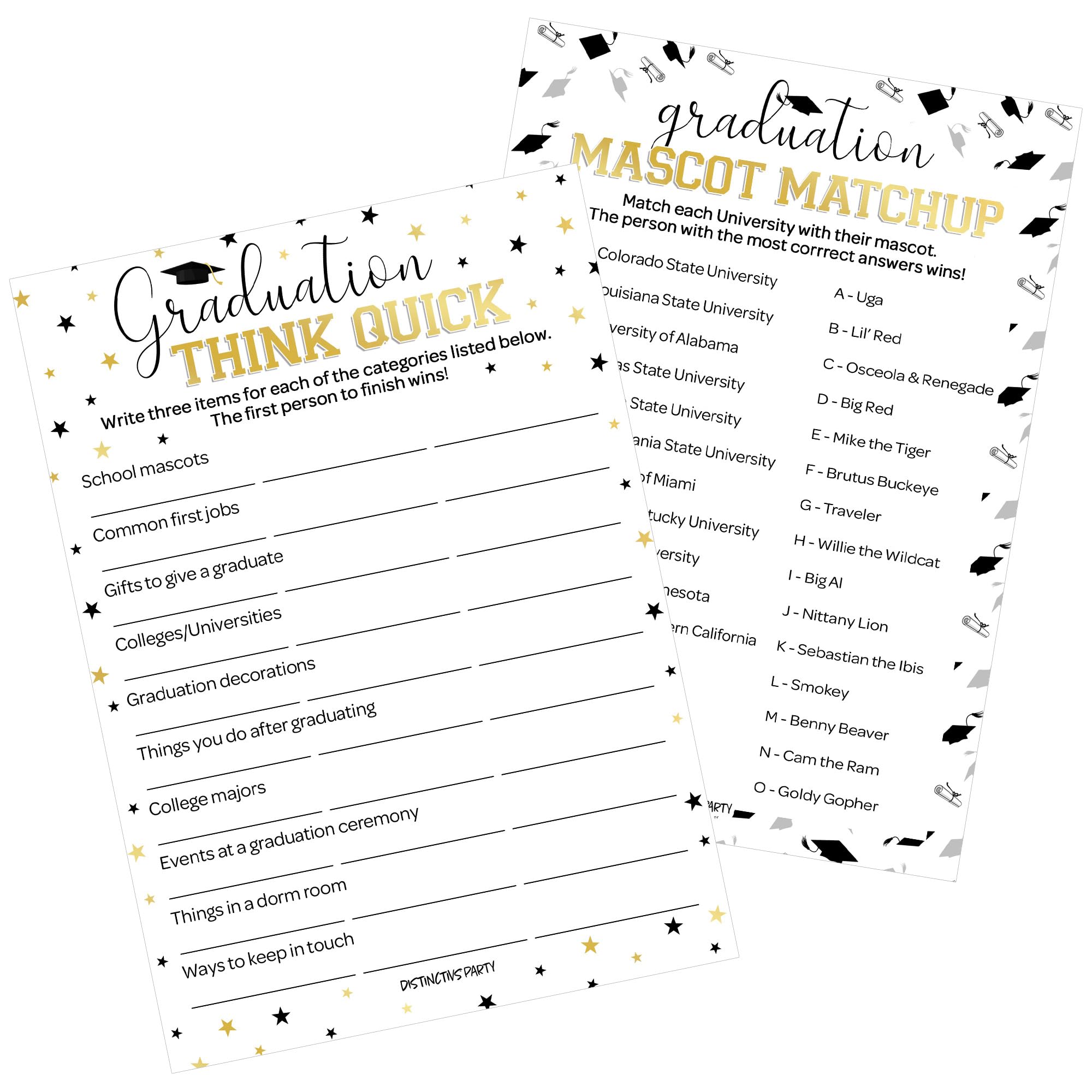 DISTINCTIVS Graduation Party Game Bundle: Mascot Match-Up & Think Quick - Class of 2025, 25 Count Grad Party Supplies