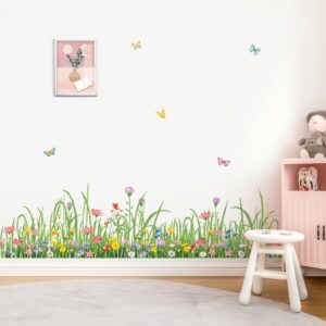 wondever Green Grass Floral Wall Corner Stickers Wildflower Butterflies Baseboard Skirting Line Wall Decals for Living Room Bedroom Dining Room (W:62 inches)